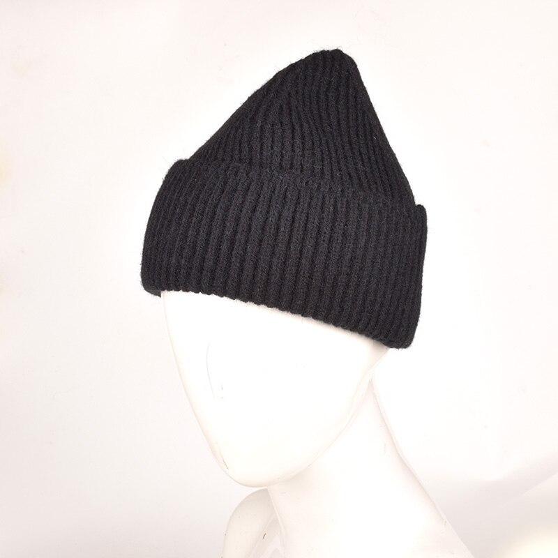 unsex Autumn winter solid color real wool beanies best matched cashmere man woman Warm skullies: Black