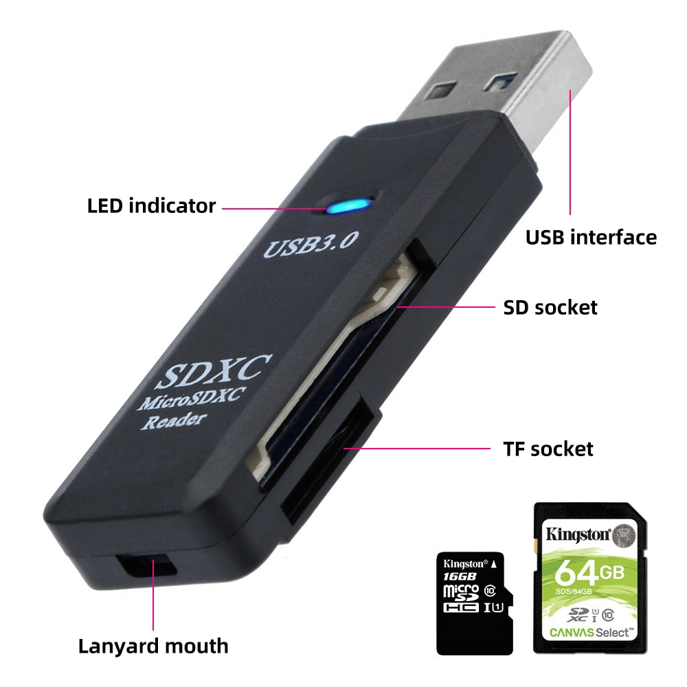 Usb 3.0 2 in 1 kortlæser til pc micro sd tf kort hukommelseslæser usb 3 multi-kort skriver adapter flashdrev bærbar tilbehør