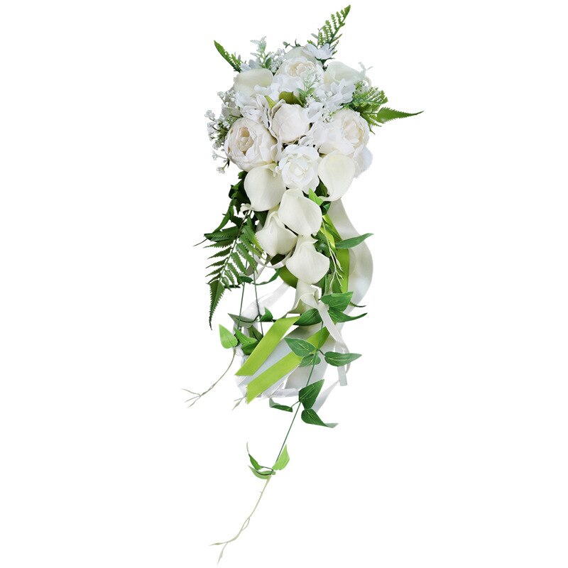 Konstgjord vattenfall elfenben brudbukett pioner blommor rustik brud buket lila calli lilja kaskad bröllop bukett äktenskap: Elfenben