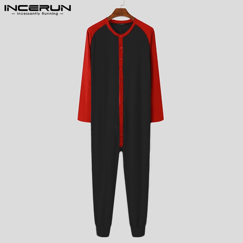 Men Pajamas Jumpsuits Patchwork Long Sleeve Homewear O Neck Cozy Rompers Button Up Casual Mens Playsuit Sleepwear S-5XL INCERUN