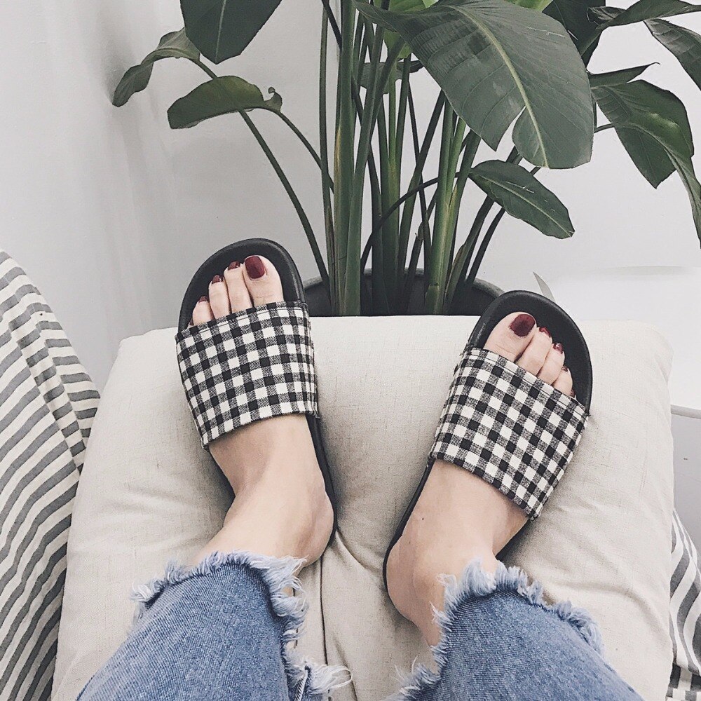 Slippers Women Summer Cotton Fabric Checkered Shoes Slip On Flat Sandals Slides Sandalias m555