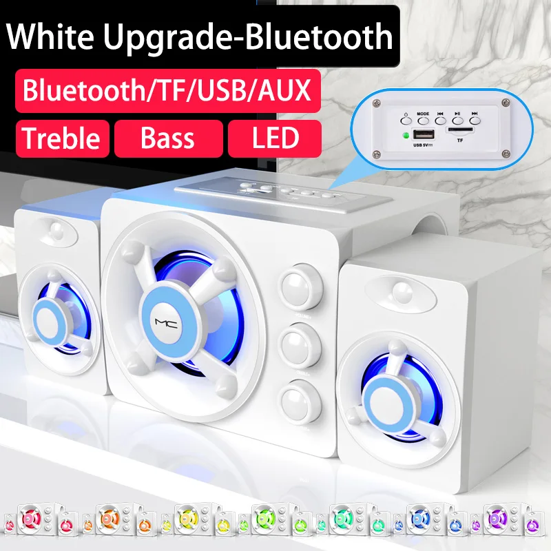 Hifi 3d stereohøjttalere farverig led lys tung bas aux usb kablet trådløs bluetooth lyd hjemmebiograf surround sound bar tv: Sølv