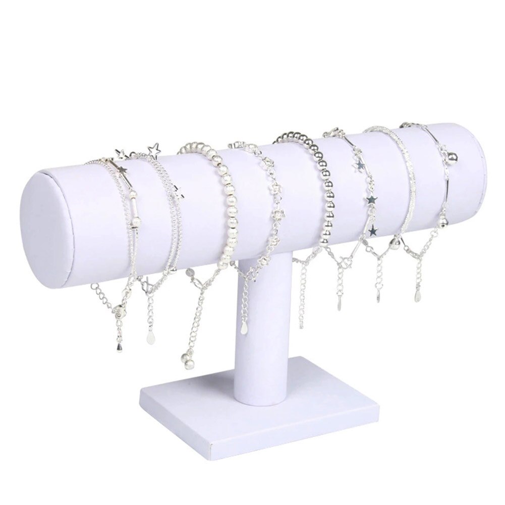 Portable Velvet/PU Leather Bracelet Bangle Necklace Display Stand Holder Watch Jewelry Organizer T-Bar Rack Health99: white pu leather