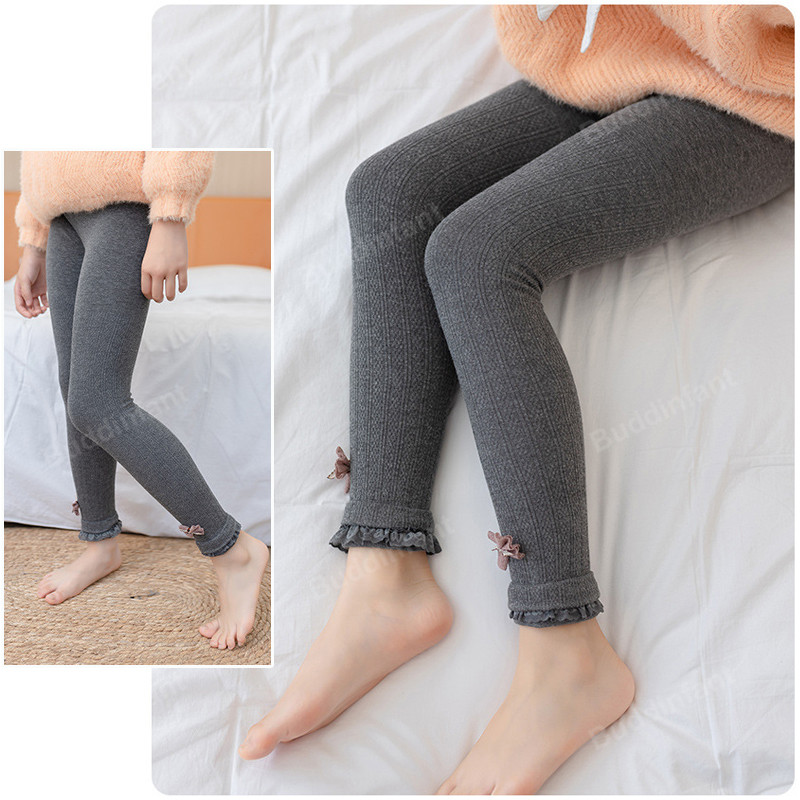 Mallas cálidas para niñas y adolescentes, pantalones ajustados con forro polar de algodón, de otoño e invierno, con lazo de punto, 2-12T