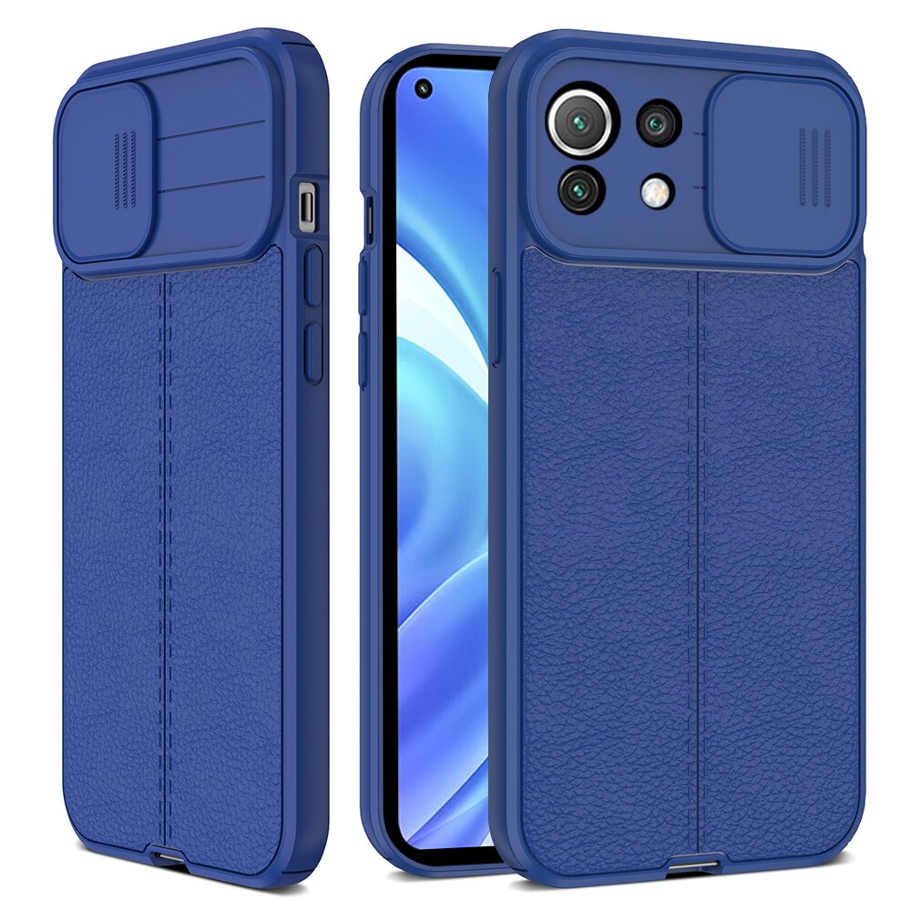 Lychee Pattern PU Leather Back Cover For Xiaomi Mi 11 Lite 5G NE Push Camera Protect Case Xiomi Mi11 Light 11Lite Silicone Cover: For Mi 11 Lite 4G / Blue-03