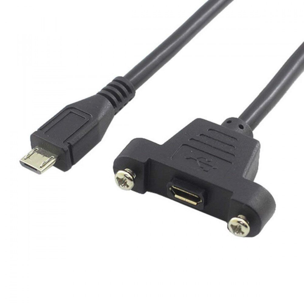 30 cm Micro USB Male naar Micro USB Vrouwelijke Extension Panel Mount Type Kabel met Schroeven, data + Lading, Zwart