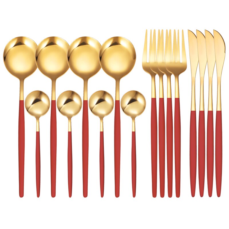 16Pcs/Set White Gold Cutlery Set Knives Forks Tea Spoon Dinnerware Flatware Stainless Steel Silverware Kitchen Tableware Set: 16 Pcs Red Gold