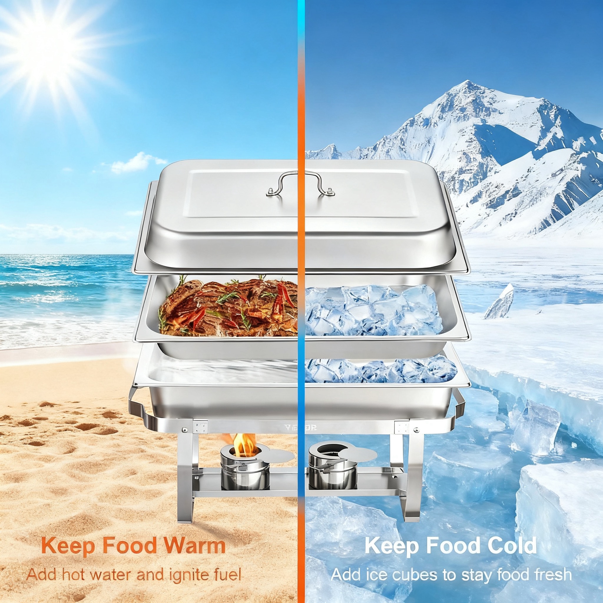 Varmefat buffetsett , 8 qt stk. 6- pakning, varmefat i rustfritt stål med 6 full størrelse panner, rektangulær cateringvarmer med lokk