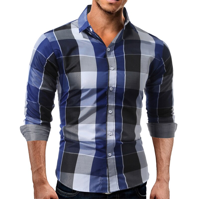 Moda masculina xadrez casual bonito blusa masculina fino ajuste camisas de manga longa algodão xadrez t camisas casual chemise homme: Azul / XXL