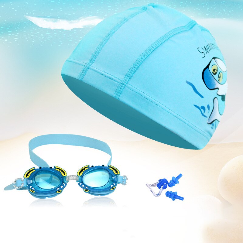 Kinderen Zwemmen Bril Cartoon Kids Zwemmen Caps Ear Plug Professionele Vis Krab Eyewear Arena Waterdichte Zwembril: Lake blue