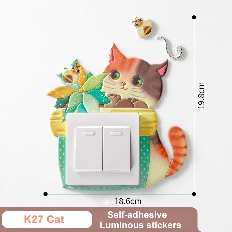 Vandtæt fluorescerende glødkaktus vægindretning klistermærke lysende pu switch beskyttende dækning børneværelse soveværelse indretning: K27 kat