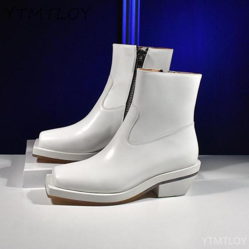 moto Western bottes femmes en cuir court talons hauts chaussons Botas cheville chaussures rétro bout carré fermeture éclair: White / 35