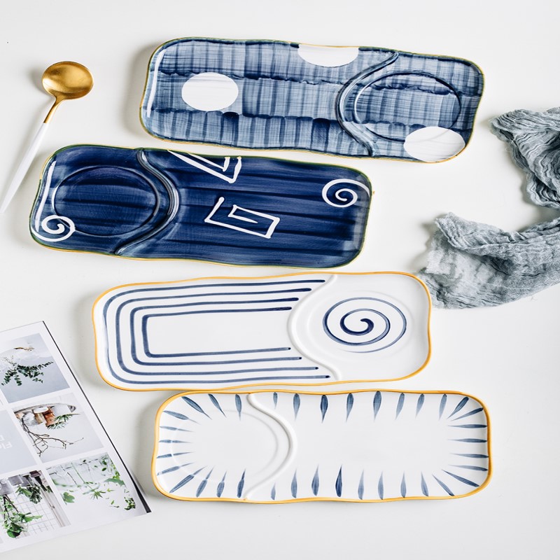 Assiette alimentaire en céramique, peinture à la main, sous glaçure japonaise, bols pour le petit déjeuner ensemble d'assiettes plateau en porcelaine vaisselle ménagère