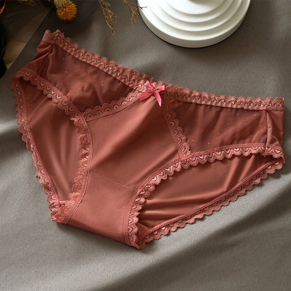 Women&#39;s Sexy Lace Underwear Panties Seamless Mid-low Waist Ultra-thin Panties Transparent Bow Ladies Panties Briefs: Red wine