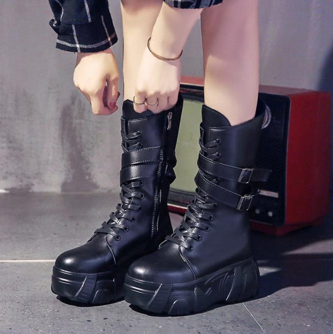 Vinter sort læder chunky platform støvler kvinder cross strap wedges sko kvinde spænde vandtæt mid kalv støvle