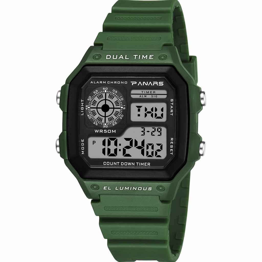 Waterproof Dual Time Personality Men's Multi Function LED Electronic Watch: Green