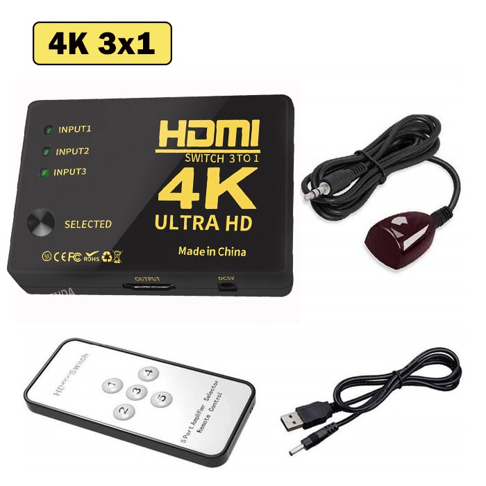 3x1 HDMI Switcher 4K 3 5 Port HD Switch Selector Splitter With Hub IR Remote Controller For HDTV DVD TV BOX Z2 Battery included: 3x1-A