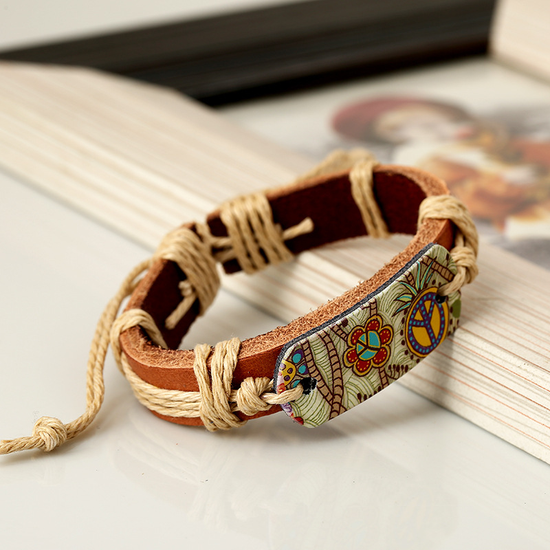 bracelets pour femme Hippie Rétro Réglable En Cuir Bracelet Bijoux Faits À La Main Pour Les Femmes Fleur Imprimé Corde