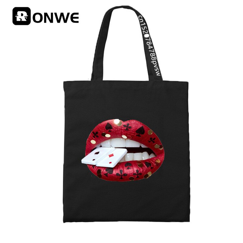 Grappig Lippen Vrouwen Print Herbruikbare Winkelen Canvas Tas Meisje Tote Eco Harajuku Shopper Schoudertassen,: T278A-Black