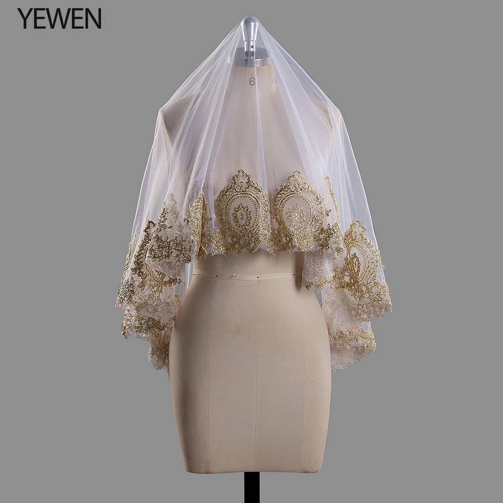 Luxe Bruiloft Sluiers 1.5M Mantilla Kant Goud Applique Bruiloft Accessoires Een Layer Waltz Lengte Tule Bruidssluier Real Afbeelding: WHITE