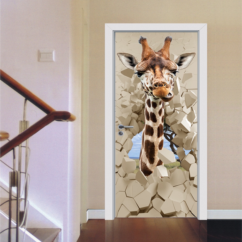 Cartoon Giraffe Deur Sticker Voor Thuis Deur Decoratie Renovatie Dier Vivd 3D Zelfklevende Muurtattoo Op Deur Behang
