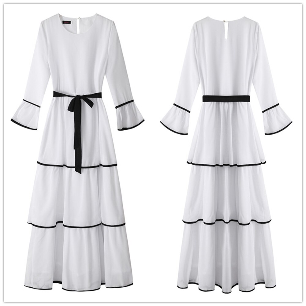 Muslim Dress Women Dubai Abaya Ruffles Full Sleeve Casual Ladies Islamic Clothes Moroccan Kaftan Long Maxi Dresses: White / XL