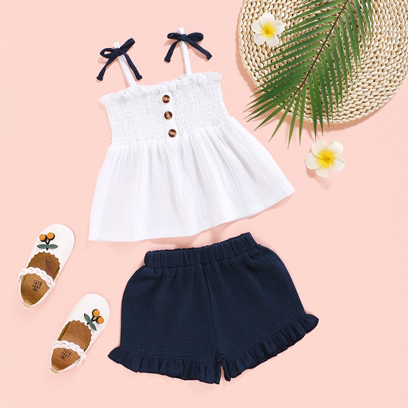 Free Shiping Baby Girl Clothes Set Solid White Vest Top Dark Blue Ruffles Shorts Set Toddler Girl Outfits Kids Girls Summer Set