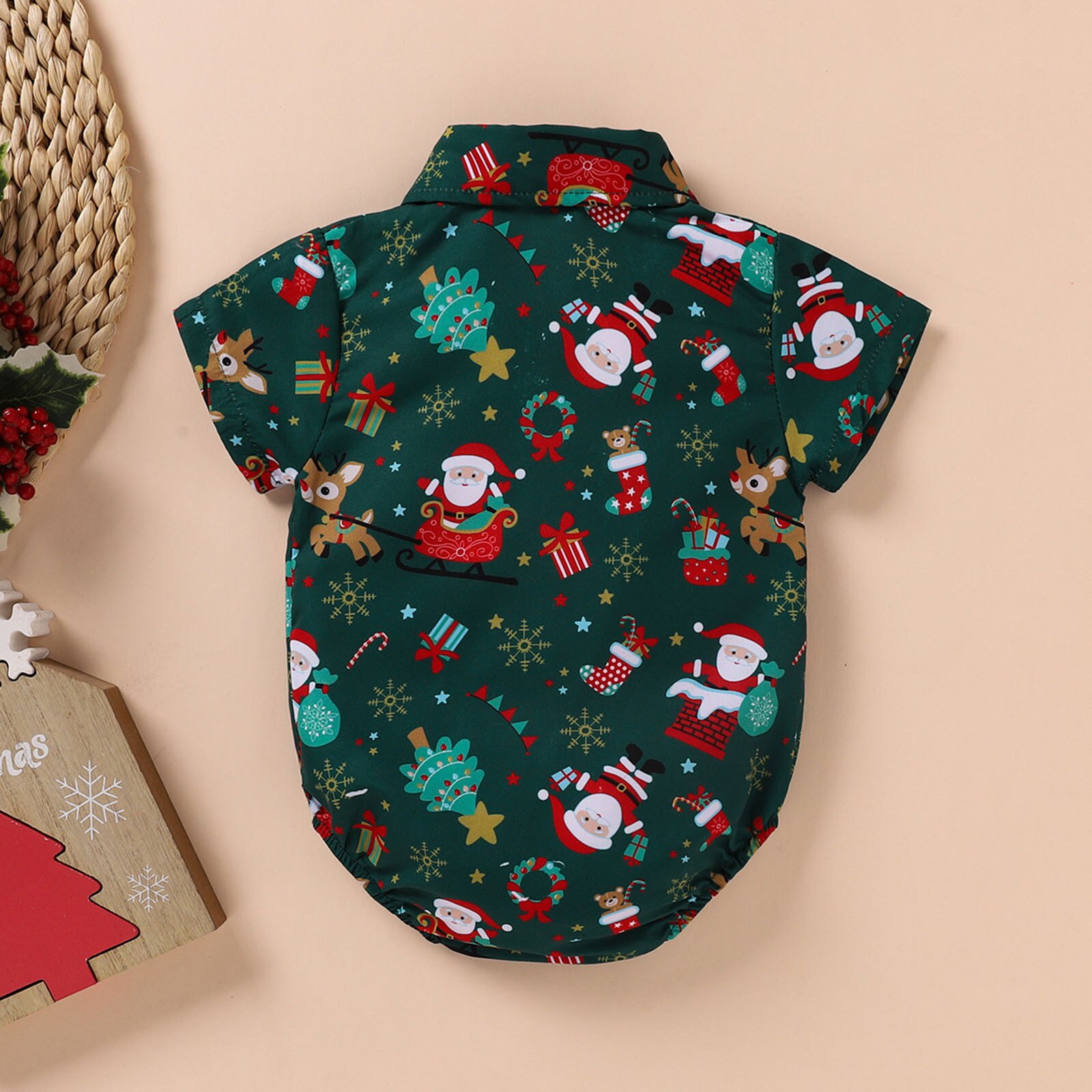 Christmas Baby Boys Bodysuits Santa Print Short Sleeve Bow Tie Gentleman Party Jumpsuits 0-24M: Green  / 0-6M