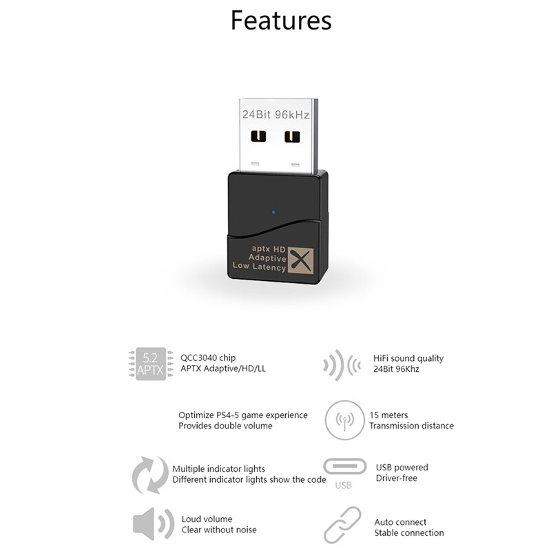 Transmisor Bluetooth Adptive APTX, transmisor de Audio USB Bluetooth 5,2, SIN controlador, puede cambiar el código APTX libremente