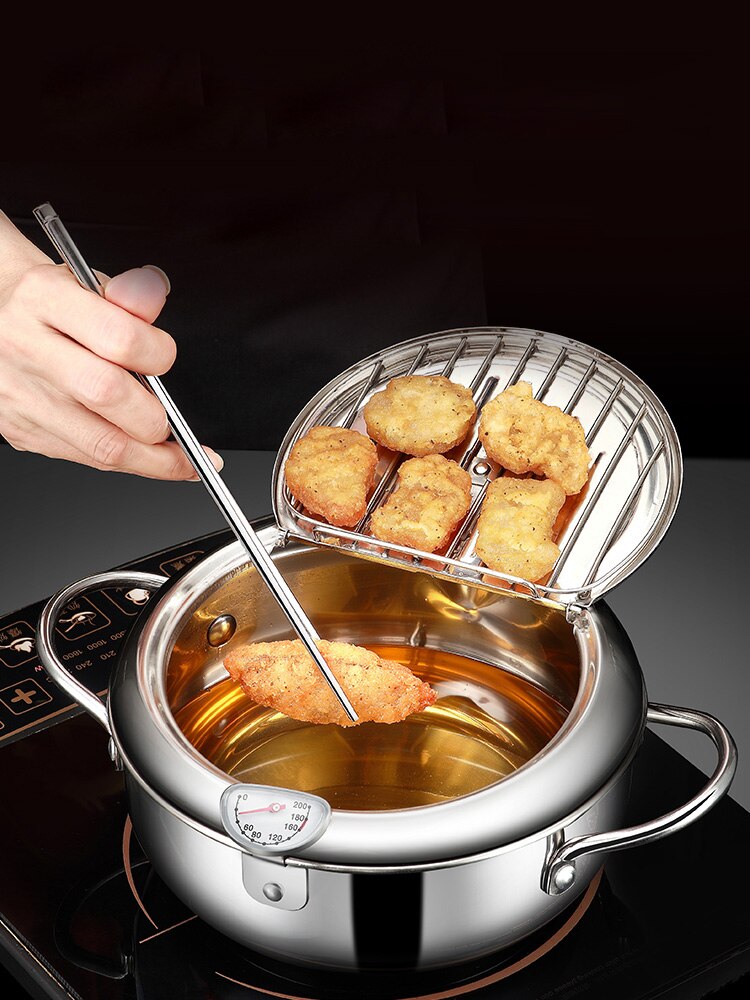 Japanse Frituren Pot Met Een Thermometer En Een Deksel 304 Roestvrij Staal Keuken Gebakken Frietjes Chickentempura Friteuse Pan 20 24 Cm
