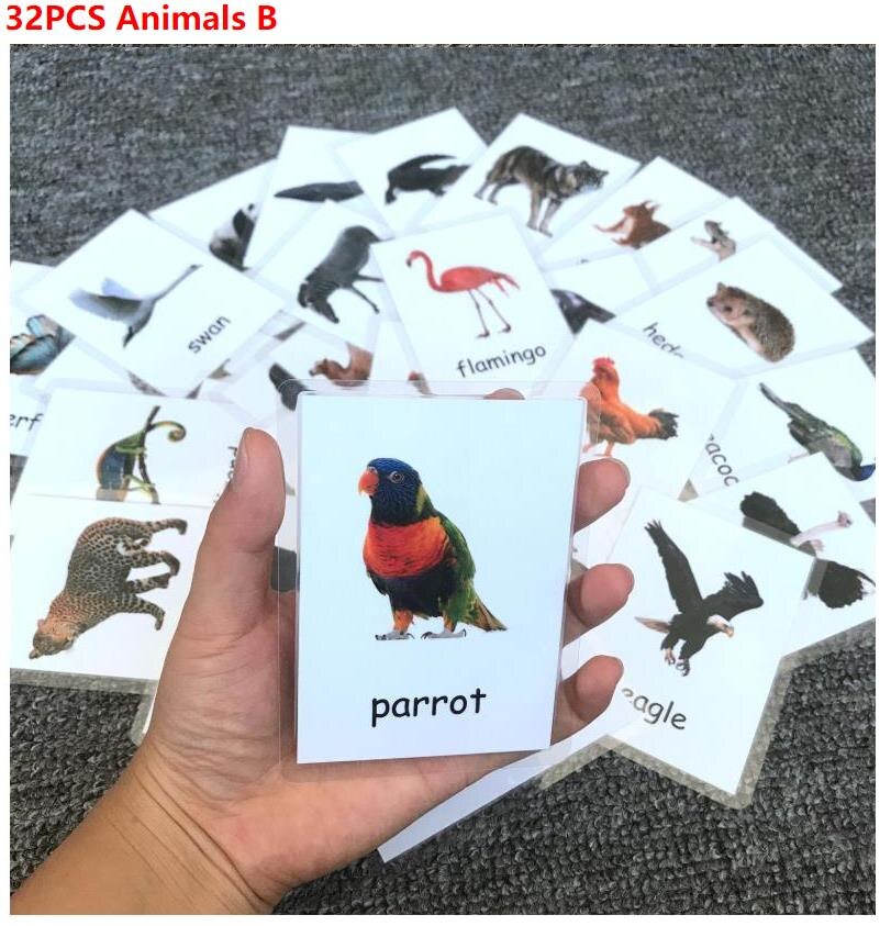 Kids Montessori Baby Learn English Word Card Flashcards Cognitive Educational Toys Picture Memorise Games For Children: 32pcs animal 2