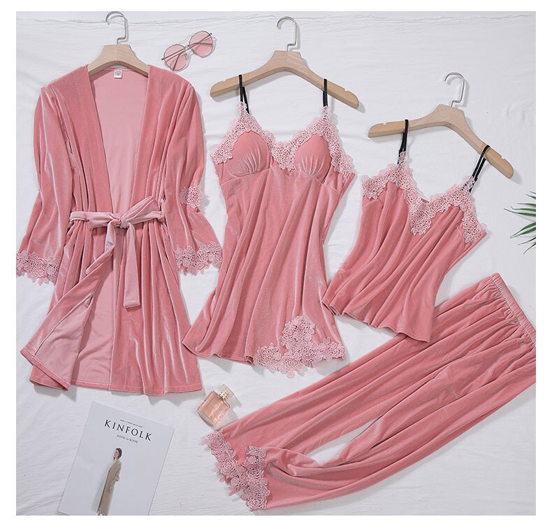 Burgundy Velour Pajama Suit Women 4PCS Kimono Robe Nightgown Set Sleepwear Lady Winter Velvet Warm Lace Folwer Bathrobe Gown: Dark Pink / XL