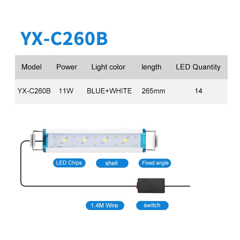 Super Bright Aquarium Light Fish Tank Plant Grow Lighting Aquarium Led Lighting 21-70CM Extensible Clip on Lamp For Fish Tank: YX-C260B