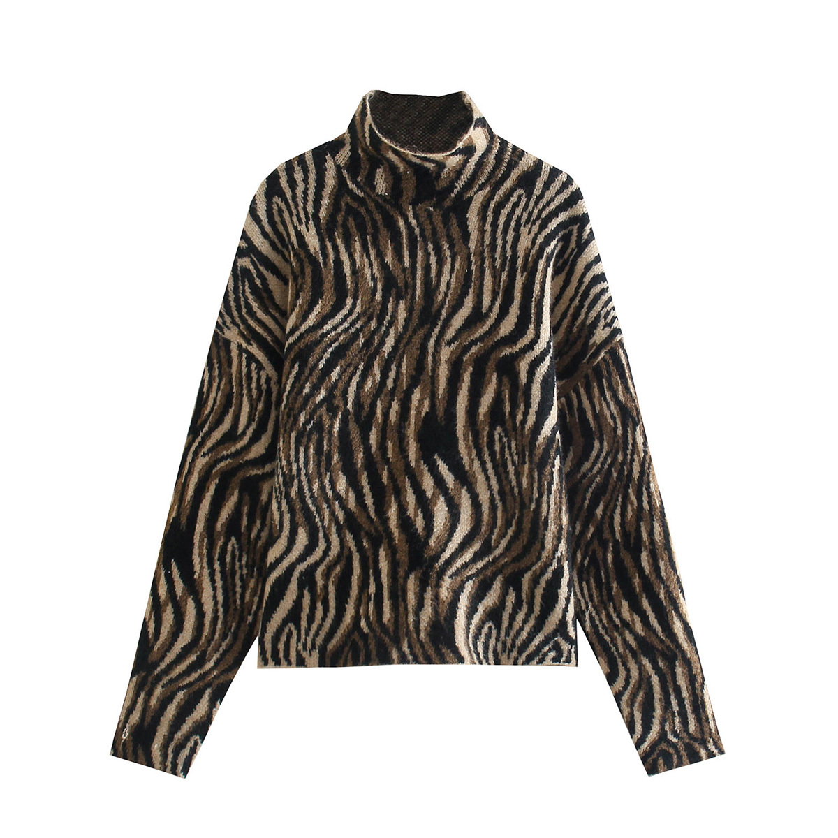Women Jacquard Animal Print Knit Sweater High Neck Long Sleeves Chic Lady Woman Casual Pullover Warm Knitwear Top: L