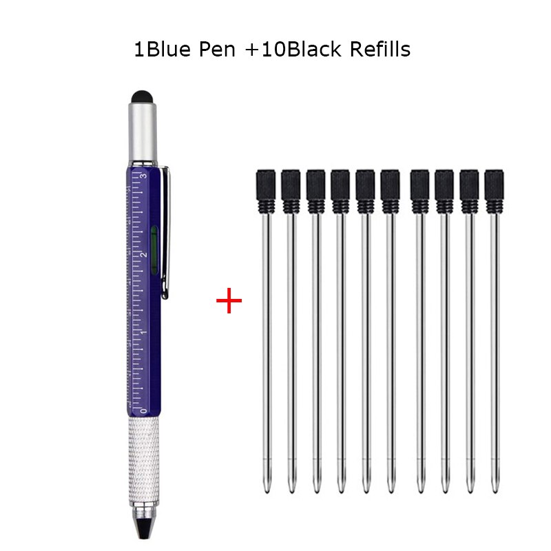 6 In 1 Multi Tool Pen Multifunction Screwdriver Precision Ruler Caliper Ballpoint Pens for Phone Touch Creativity Level Meter: 1 Blue 10 Black ink