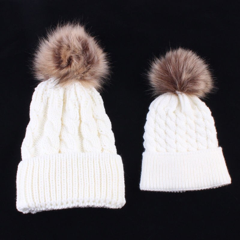 Gorro cálido de punto para madre e hijo, gorro de lana con pompón de pelo, gorro de esquí de ganchillo, 2 uds.: Blanco