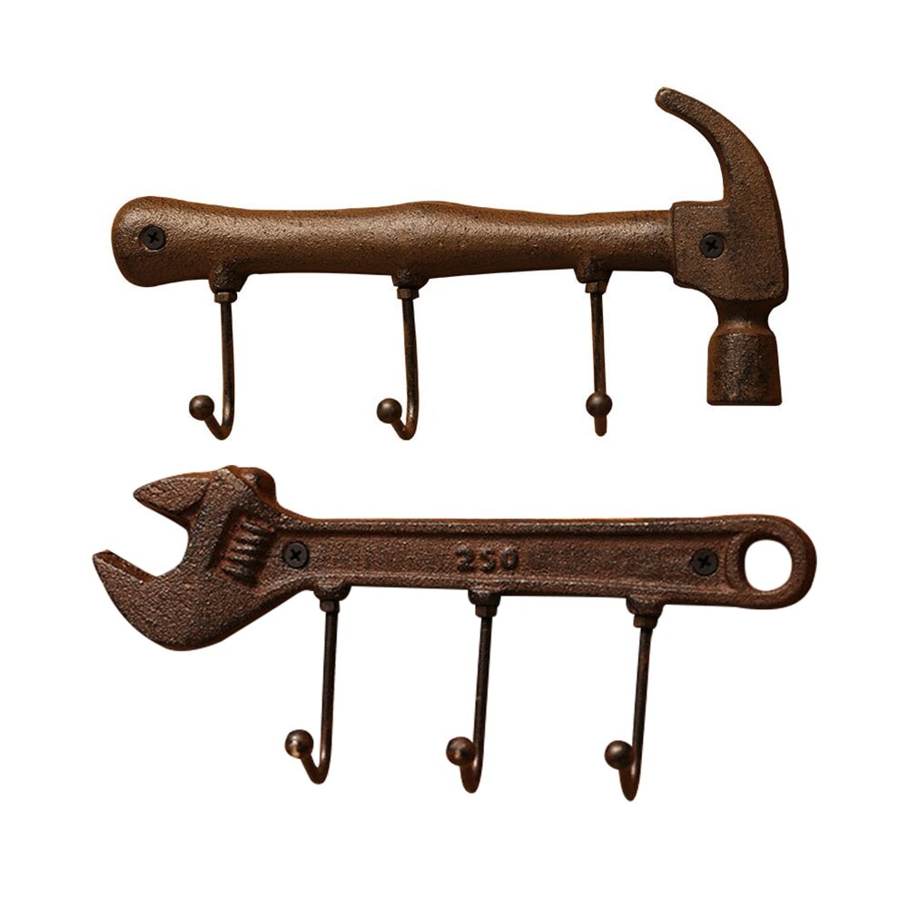 Retro Cast Iron Wall Hooks Decorative Metal Hanger Hammer Spanner Style Wall Mounted Coat Key Holder Towel Rack for Home Bedroom