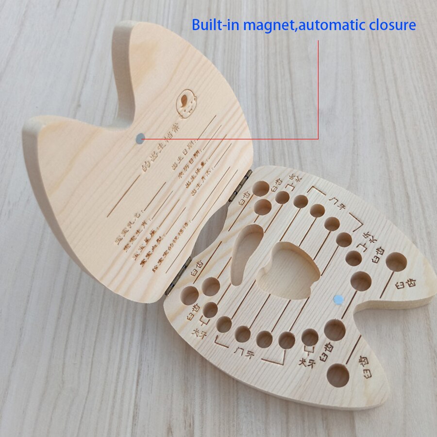 Caja de madera con forma de dientes para bebés, organizador de almacenamiento de dientes de leche, Umbilica, Lanugo, en inglés/español