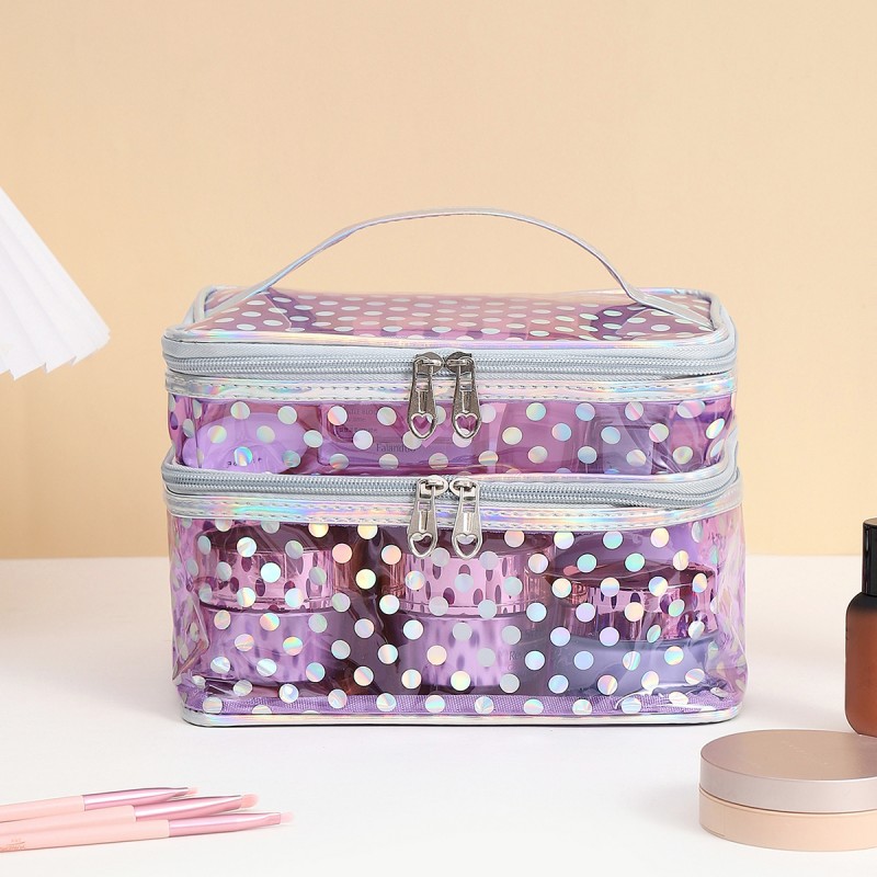 Polka dot transparent PVC double layer makeup bag Multi-functional portable waterproof makeup case large capacity travel storage: PURPLE