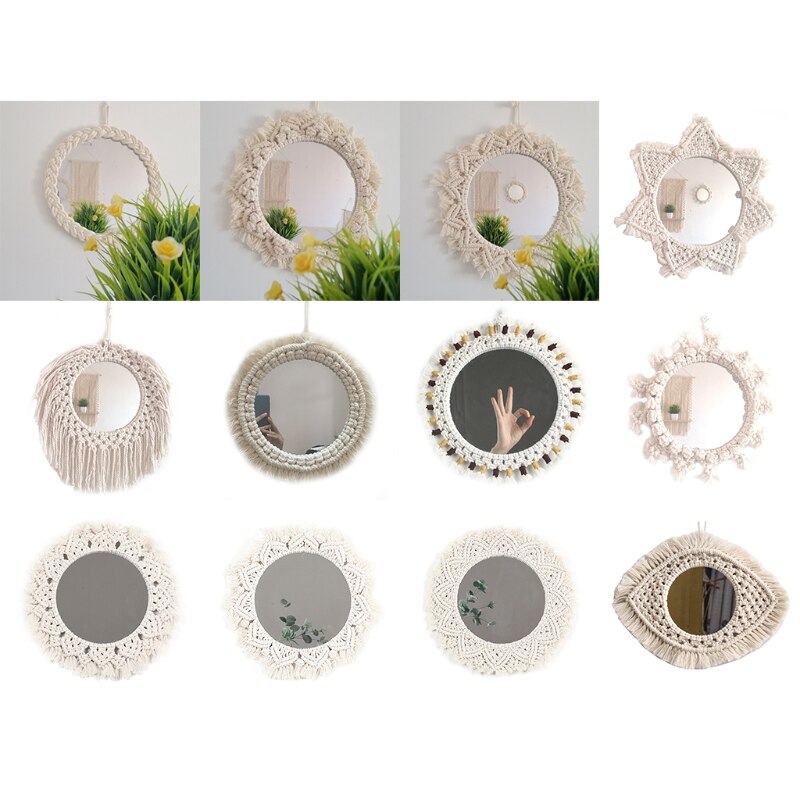 Round Cotton Rope Braided Tassel Mirror Wall Frame Decorative Hanging Makeup Mirror Ideal for Home Hanging Decoration Woven Make