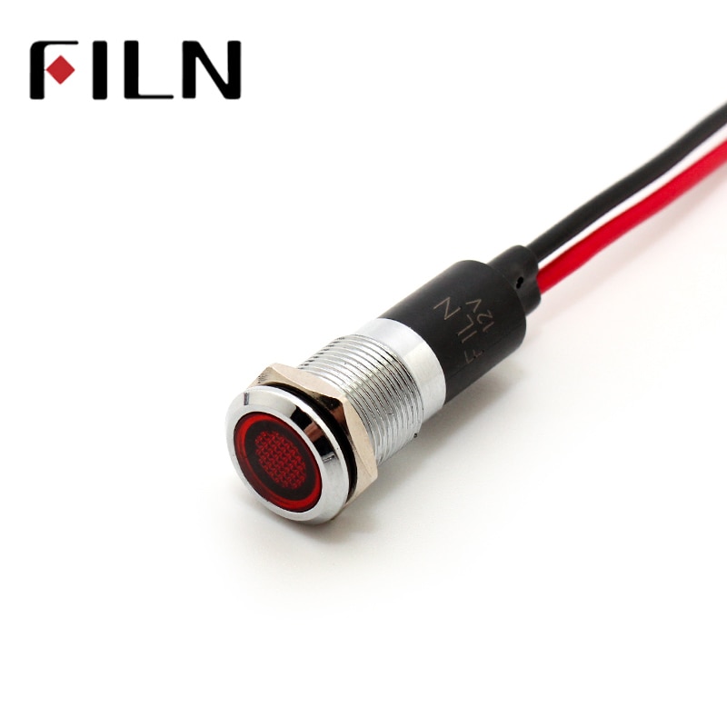 FILN 12mm 3v 6v 24v 220v mini pilot lamp red blue green white metal light rechargable indicator lamp with 20cm cable