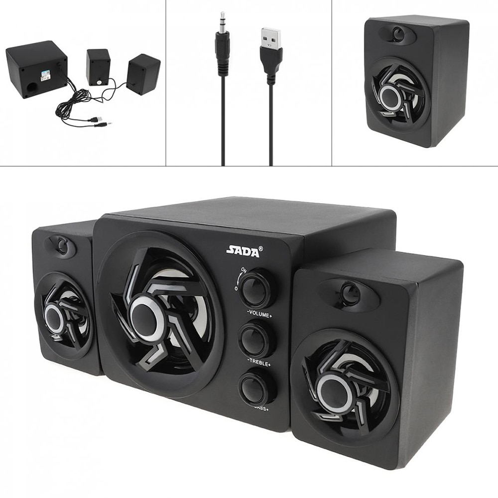 SADA D-211 3 in 1 Home Speaker Set 3.5mm Wired Speakers Portable Music Player Subwoofer USB Powered Home Theater (Black)
