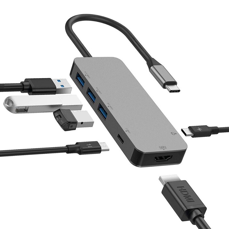 Estación de acoplamiento USB C 6 en 1, adaptador de TYPE-C, HDMI, Compatible con PD, adecuado para todos los dispositivos USB C, PC, tableta y teléfono móvil