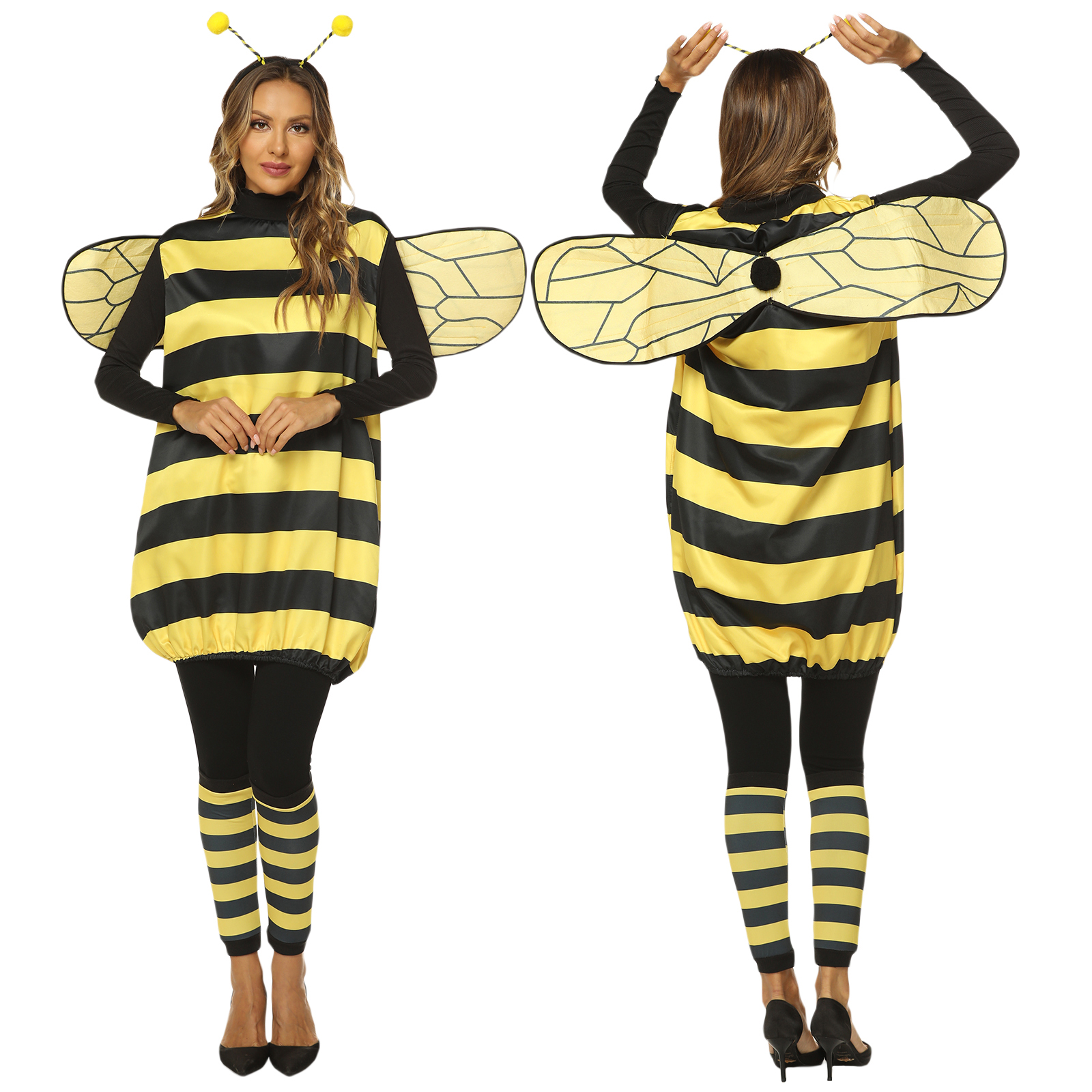 Trajes de abelha para mulheres, fantasia de abelha mel de Halloween para adultos e crianças fantasia de abelha pequena, faixa de cabeça + vestido + asas + aquecedores de pernas