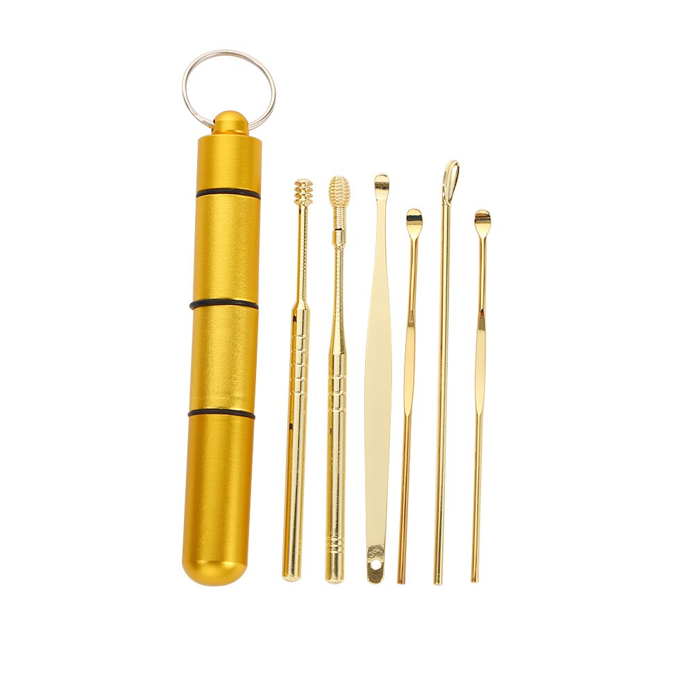 6 Stks/set Draagbare Roestvrij Stalen Spiraal Oor Pick Lepel Oorsmeer Removal Cleaning Earpick Oor Schoner Oor Lepel Care Tools: gold
