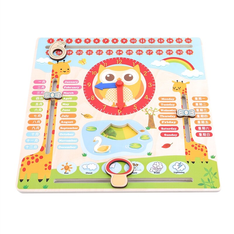 Kids Wooden Toy Children Early Learning Developmental Multifunction Wood Hanging Clock Including Calendar Clock Month Weather