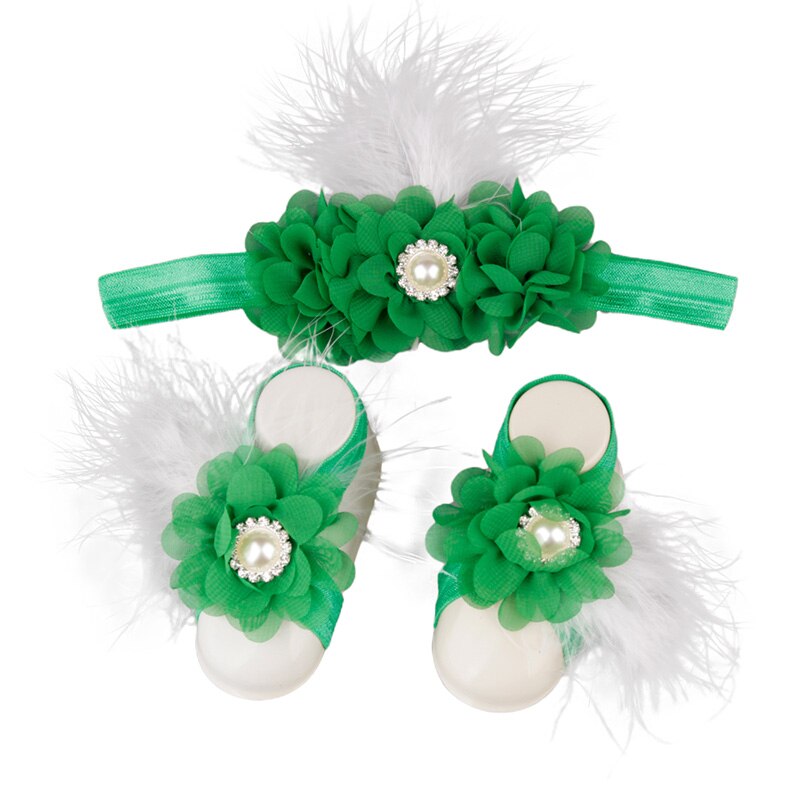 Baby Girls Flower Sandal Headband Elastic Hairband & Toddler Barefoot Sandals Cute 1 Pair Infant Photo Prop Set: A12