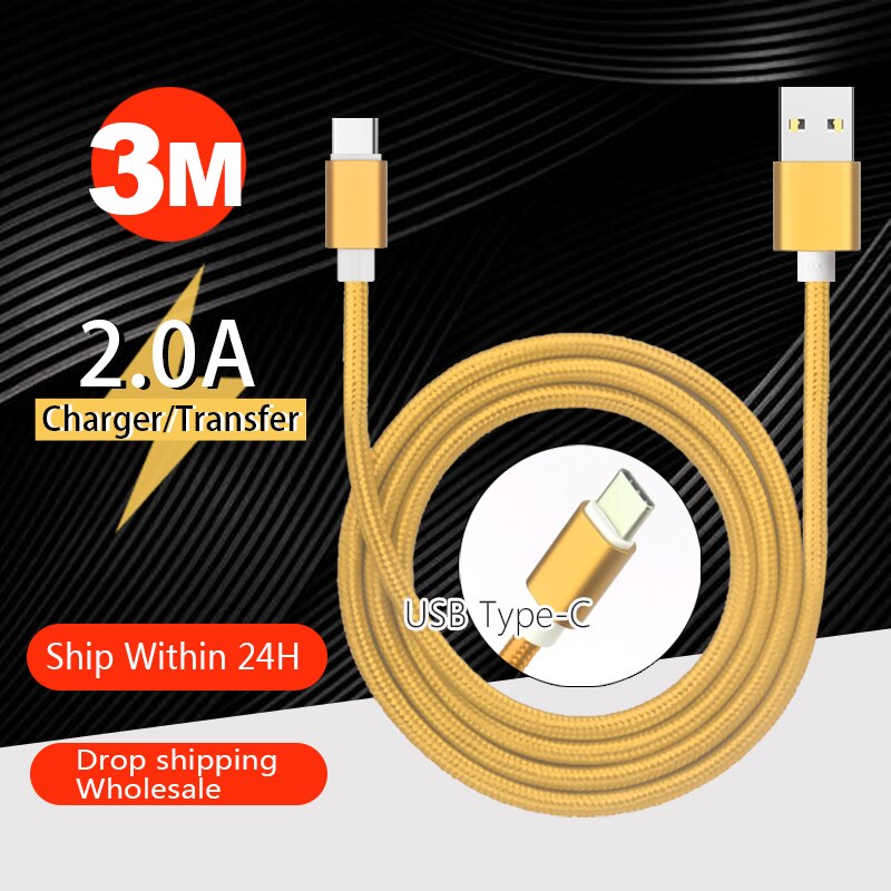 2.0A Effen Kleur Usb-kabel Type-C Telefoon Opladen 3M Fast Charger Cord Voor Huawei P20 Samsung Xiaomi lader Kabel Draad Weave