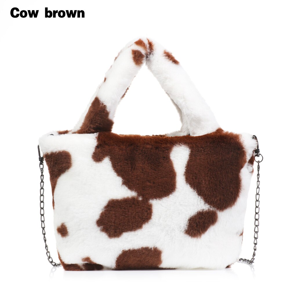 Bolso de hombro esponjoso de alta capacidad para mujer, de leopardo estampado de cebra, bolsas para las axilas con patrón de corazón de amor, bolsas de mano de piel cálida de felpa suave: Cow brown