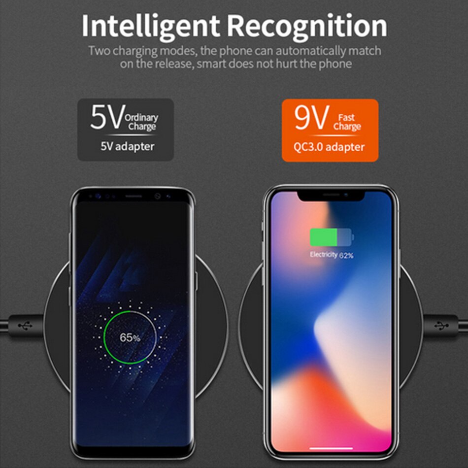 10W/7.5W/5W Metal Qi Wireless Charger for iPhone Xs Max X 8 Plus QC3.0 USB Phone Fast Charging Pad for Samsung Note 9 8 S10 Plus